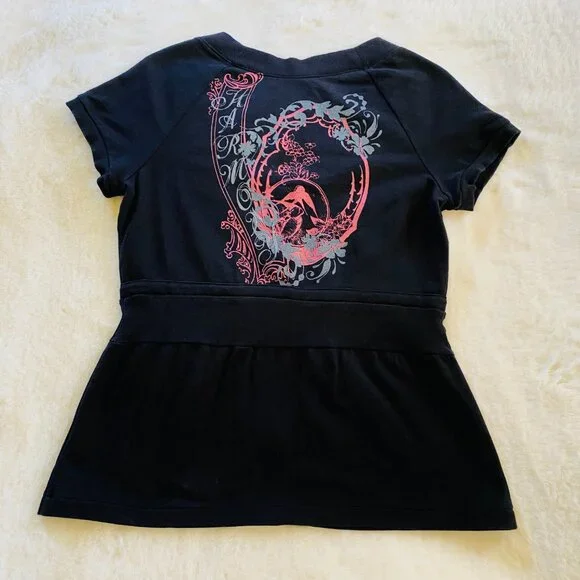 Women's Black Activewear Short-Sleeve Zip-Up Jacket, Bird Graphic Y2K style - Picture 4 of 10